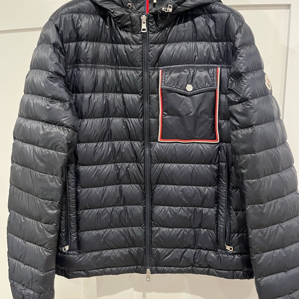 Moncler Men's Dark Gray Puffer Jacket with Red Trim